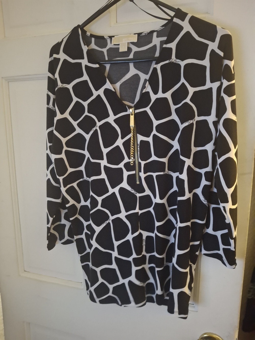 Michael Kors Black and White Zip-Front Patterned Blouse